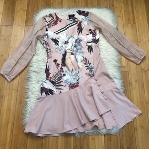 Plains & Prints Artsy Girl Face Floral Asymmetrical Ruffle Sheer Pink Dress 4